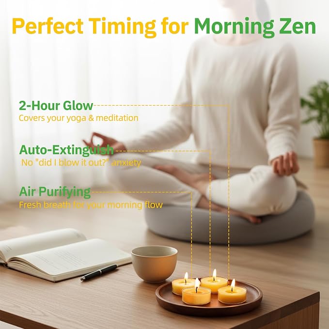 12 Pack Pure Beeswax Tea Light Candles-Natural Beeswax Tealight Candles-2 Hour Short Burn Time Tea Candle for Meditation, Yoga,Shabbat and Home Decor Air Purifying-Smokeless