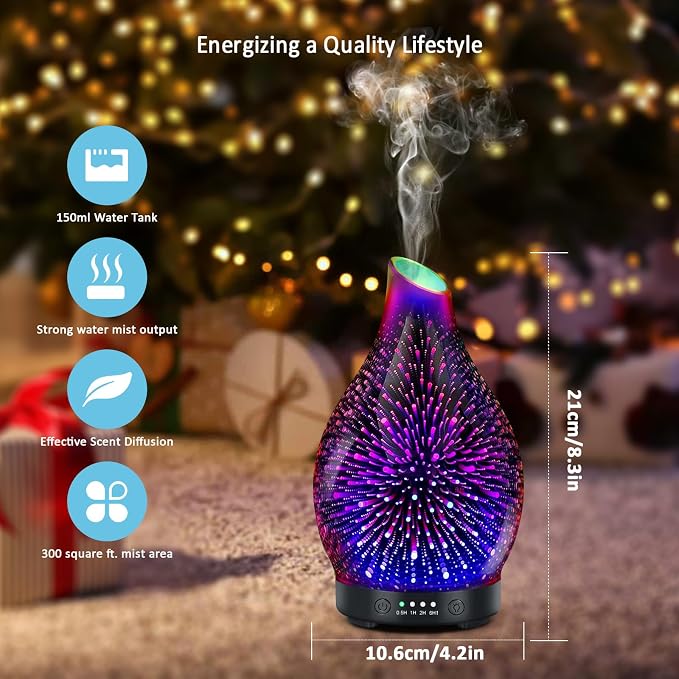 Essential Oil Diffuser 150ML -3D Firework Glass Aromatherapy Diffusers for Essential Oils with 4 Timer Setting Auto Shut-Off Silent Operation 7 Colors Lights Changing, Mothers Day for Room, Office