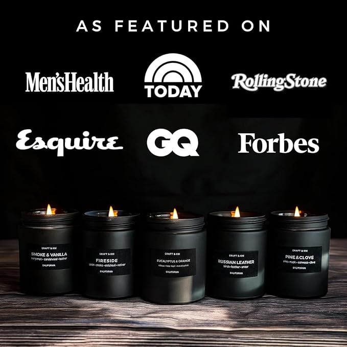 Craft & Kin Premium Orange & Eucalyptus Scented Candle – Long Lasting, 45 Hour Burn Time – Luxury Black Natural Soy Scented Candle for Men with Wood Wick – Room Decor and Aromatherapy – 7.6 oz