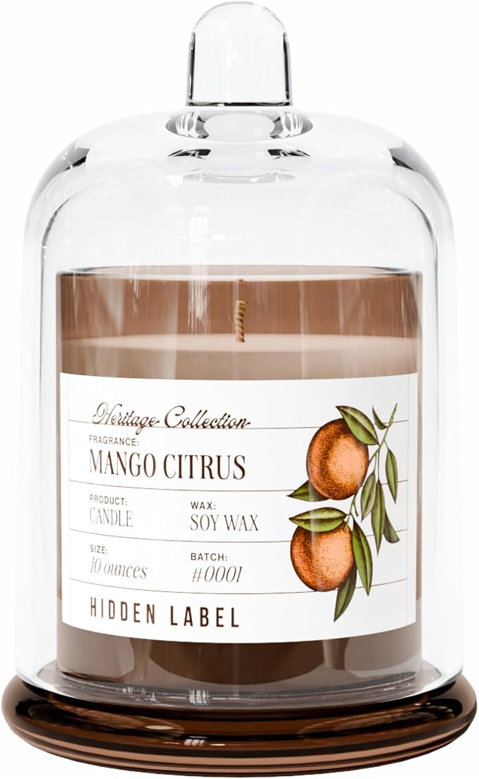 Hidden Label Mango Citrus Scented Candle - 10oz Non Toxic Candles for Home Scented with Clear Bell Jar, Natural Soy Wax Clean Burning Aromatherapy Candle for Spa/Yoga/Meditation & Stress Relief Gifts