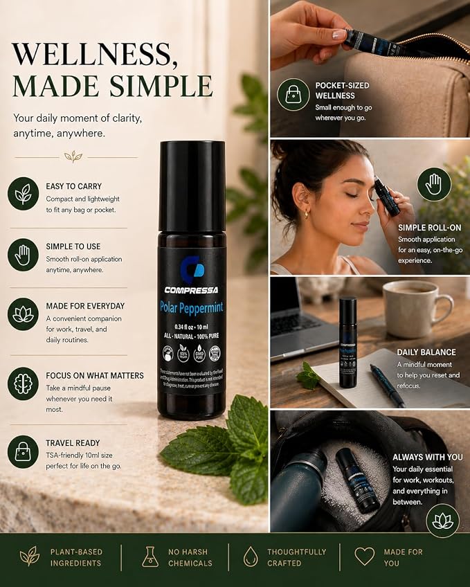 Polar Peppermint Essential Oil Roll-On 10 ml – 100% Pure & Natural Peppermint Aromatherapy Roller – Cooling Sensation for Focus, Relaxation & Daily Wellness