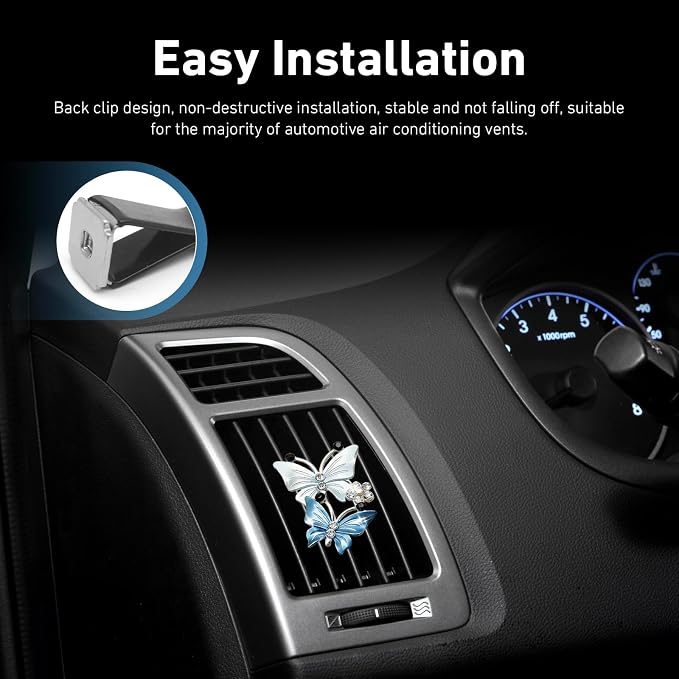 2 PCS Dual Butterfly Car Air Vent Clips, Car Air Vent Shimmering Rhinestone Butterfly Decoration Clips, Smell Diffuser for Horizontal Vertical AC Export, Universal for Most Vehicles (Blue)