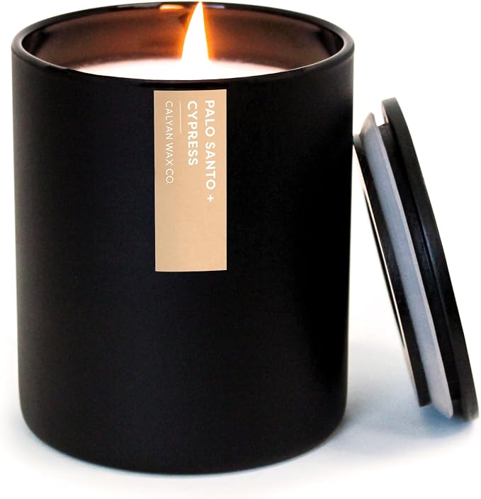 Calyan Wax Co. Palo Santo & Cypress Scented Candle - 75 Hour Burn - Luxury Clean Soy Wax Candles - Long Lasting Black Tumbler Jar Candle for Home - 10.2oz