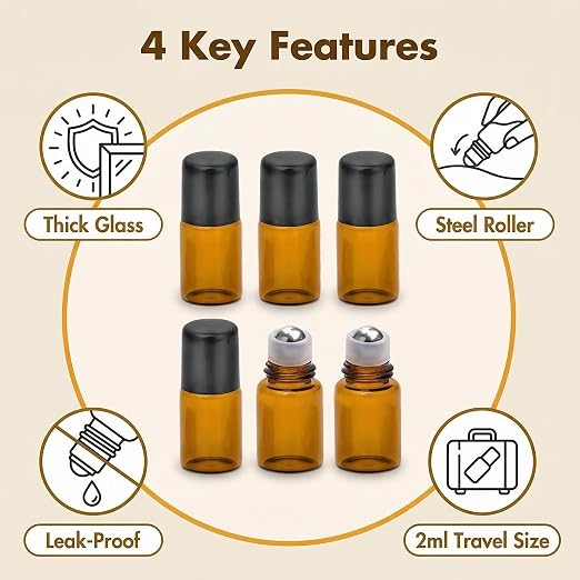 2ML 6PCS Essential Oil Glass Roller Bottles Mini Tiny Refillable Empty Aromatherapy Perfume Liquid Amber Glass Roll On Bottles Vials Metal Rollerball Bottles Jar