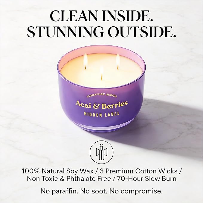 Hidden Label Acai & Berries Scented Candle, 18oz 3 Wick Large Soy Wax Candle, 70 Hour Burn | Non Toxic Aromatherapy Candle for Home, Mood Boost & Energy | Luxury Candle Gift for Women and Men