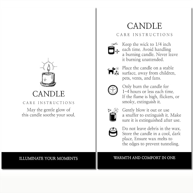 100 pack - Premium Handmade Candle Care Instruction Cards White Black 2x3.5 in, Small Business | Soy Bees Wax Melt, Candle Makers, Making Supplies Kit Set, Containers, Jars, Package
