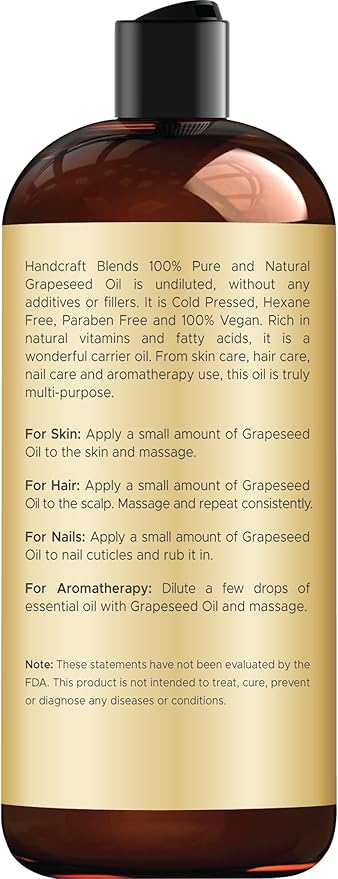 Handcraft Blends Grapeseed Oil | 100% Pure and Natural | Bath & Body Oil | Premium Grade Carrier Oil | Skin | Hair | Body | Massage | Cold-Pressed | Hexane-Free | 16 Fl Oz