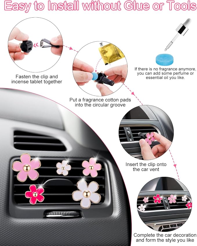 8Pcs PGRODE Car Air Vent Clips with Fragrance Pads, Cute Car Air Fresheners Clip Car Inter Decor Accessories for Women and Girls, Decorations Interior Aesthetic (Bling Heart)