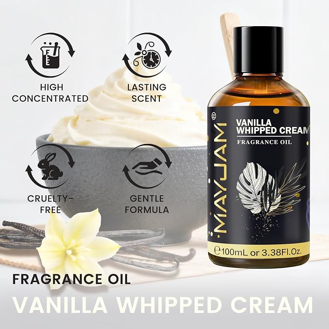 Vanilla Whipped Cream Fragrance Oil Essential Oil, MAYJAM 3.38FL.OZ Vanilla Whipped Cream Oil for Diffusers for Home, Long Lasting Scented Oils for Soap Candle Making - 100ML