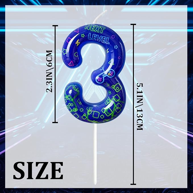 Number 3 Birthday Candle for Cake – Blue Gaming Theme Number Candle with “Next Level” Design, Video Game Style Cake Topper for Anniversary & Celebration