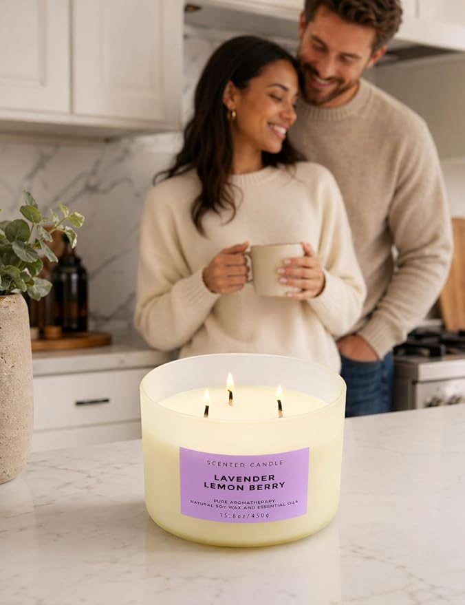 Lavender Lemon Berry Scented Candle | 3-Wick Large Soy Candle 15.8 oz | Highly Scented Aromatherapy Lavender Candle for Women | Calming Floral Lemon Home Scent | Long Lasting Clean Burn