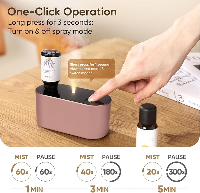 Waterless Diffuser for Home Essential Oil Diffuser, Aromatherapy Diffuser, Portable Scent Diffusers, 3 Mist Modes, Cycle Start for Bedroom, Office Studio 350-700 sq. ft Rose Gold