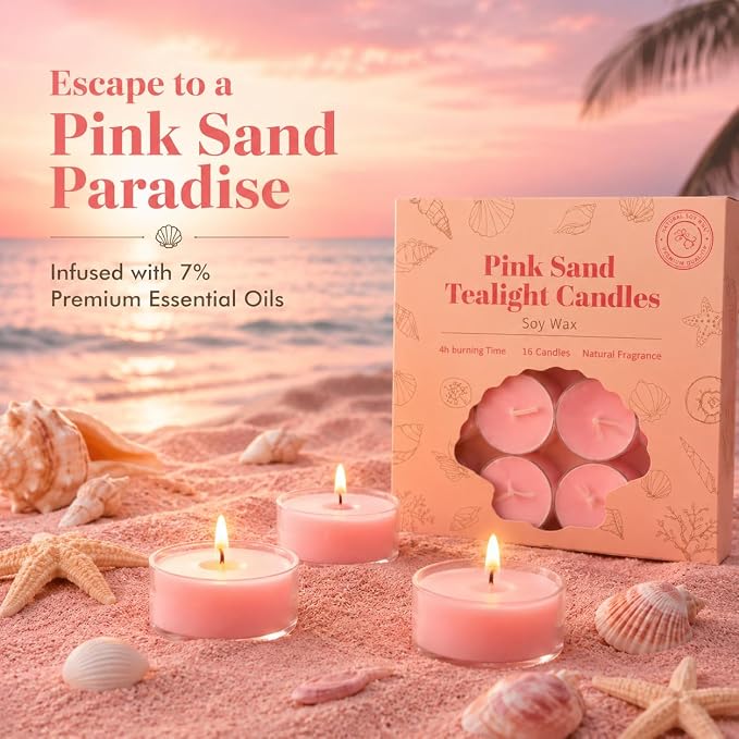 16Pcs Pink Sand Scented Tealight Candles, Pink Soy Wax Tea Lights with Essential Oils, 4h Long Burning Tea Light Candles for Spa, Romantic Decor, Meditation, Dinner, and Home Decor