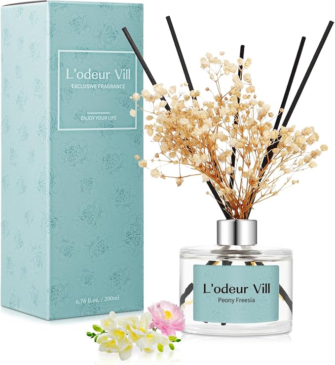 L'odeur Vill Reed Diffuser Set, 6.7 oz(200ml) Peony Freesia Scented Diffuser with 6 Oil Diffuser Sticks, Home Fragrance Essential Oil Reed Diffuser for Home Large Rooms Bathroom Shelf Decor
