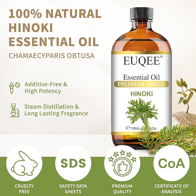 EUQEE Hinoki Essential Oil 118ml/4Fl Oz, Japanese Hinoki Oil Premium Natural Wood Scent Aromatherapy Oil with Glass Dropper for Meditation, Skincare, Diffuser, DIY Soap, Home Spa