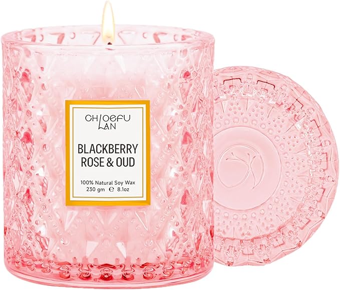 Rose Scented Candle, Oud Candle, Mothers Day Candles Gifts for Women, Pink Candles for Home Scented, 55 Hours Long Burning, 100% Natural Soy Wax