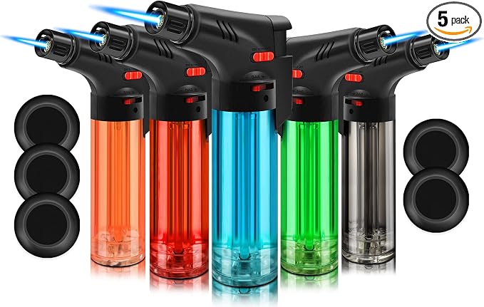 5 Pack of Torch Lighter, Powerful Windproof Jet Flame, Butane Gas Refillable Lighters with Safety Lock, Mini Blow Torch for Candle, Firework (NO Gas)