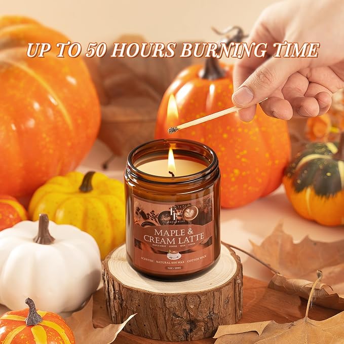 Fall Candle, Maple & Cream Latte Scented Candles for Home, Natural Soy Autumn Candle Aromatherapy Candle, 7 oz Jar Candles Fall Gifts for Women Men