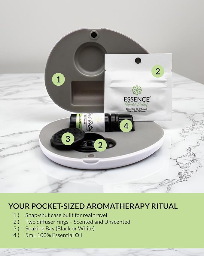 Essence Pearl Travel Case | Stress Relief Essential Oil | Aromatherapy Nasal Diffuser & Essential Oil Carrying Case | Lavender & Copaiba Blend | Travel-Friendly Kit | Black Pod