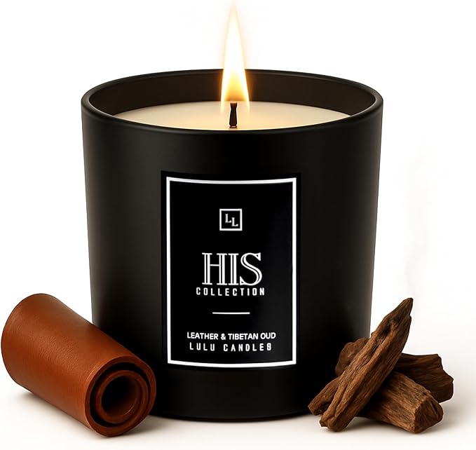 Lulu Candles | Leather & Tibetan Oud - His Collection | Luxury Scented Soy Jar Candle | Hand Poured in The USA | Highly Scented & Long Lasting- 9 Oz.