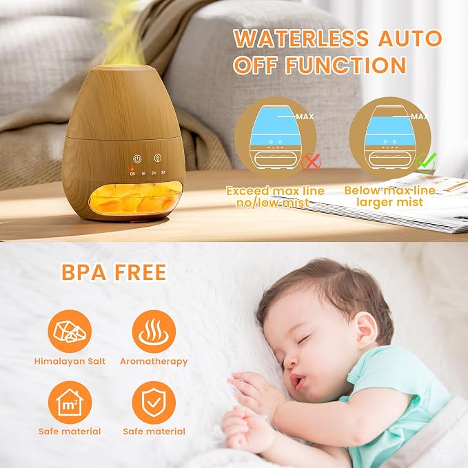 Ultrasonic Essential Oil Diffuser with Himalayan Salt Rock,Flame Diffuser with 7 LED Light,100ML Small Aromatherapy Oil Diffuser with Auto Off Function for Home, Office,Spa,Wooden Grain