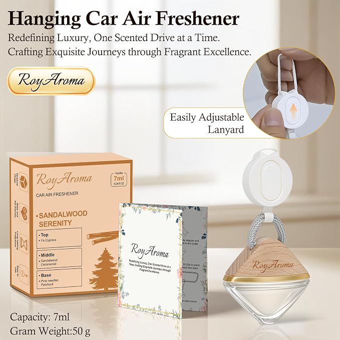 RoyAroma Car Air Freshener Hanging Diffuser with Adjustable Rope | Long Lasting Natural Essential Oil Scent for Cars | Non-Toxic Car Fragrance for Men & Women | Sandalwood