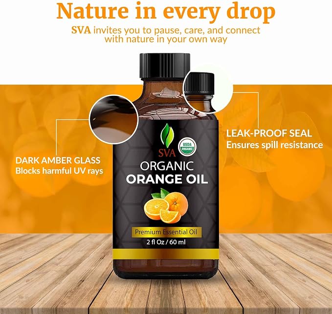 SVA Orange Essential Oil Organic – 2 Fl Oz – 100% Natural Organic Orange Oil - for Diffuser, Hair, Face, Skin Care, Aromatherapy, Scalp and Body Massage, Soap and Candle Making - with Dropper