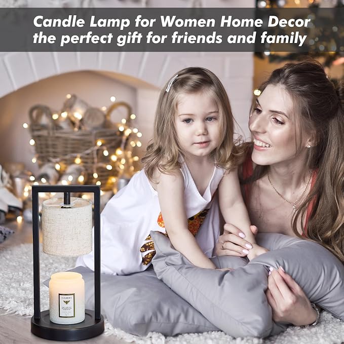 Candle Warmer Lamp with Timer, Black Candle Lamps Linen Fabric Shade, 3-Level Dimmable Candle Warming Wax Melt Warmer for Scented Wax, 50W Electric Warmer Lamp for Women Home Decor (2 Bulbs Included)