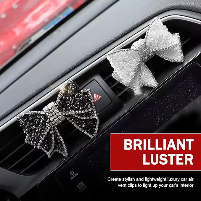 2PCS Car Vent Butterfly Bow Clip, Sparkling Rhinestone Bow Vehicle Vent Decor Clip, Adorable Stylish Butterfly Diffuser for Cars Offices Restaurants Cafes, for Women (Black & White)