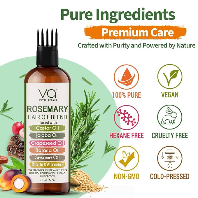 Blend Of Pure Rosemary Oil For Hair Growth With Castor, Batana, Jojoba Oil-Infused With Biotin & Vitamin E-Blend of Effective Hair Oils for Hair Growth-Strengthening Treatment-By Vital Affair-6 Fl Oz