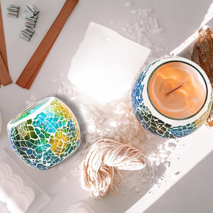 Rancco Glass Votive Candle Holder for Tealight, Romantic Mosaic Cracked Candle Holder, Candle Lamp Aromatherapy Candlescape Bowl for Valentine's Thanksgiving, Christmas Table Centerpiece, Party Decor