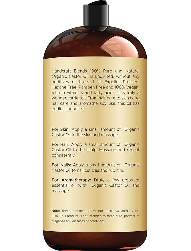 Handcraft Blends Organic Castor Oil 28 Fl Oz | 100% Pure and Natural | Premium Grade Carrier Oil | Hair, Eyelashes and Eyebrows | Hair and Body | Expeller-Pressed | Hexane-Free