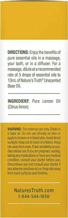 Nature's Truth Lemon Essential Oil | 15 mL | for Diffuser, Aromatherapy, and Massage | Pure Plant Based, Non-GMO & Gluten Free