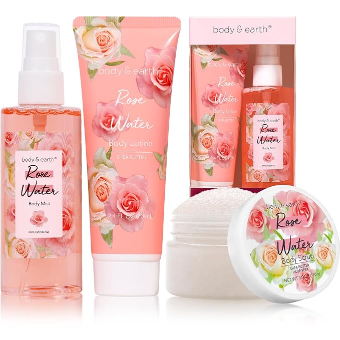 BODY & EARTH Gift Set - Spa Sets for Women, Perfume, Body Lotion, and Scrub in a Rose Water Box - Perfect Birthday Gifts for Mom Girlfriend Her