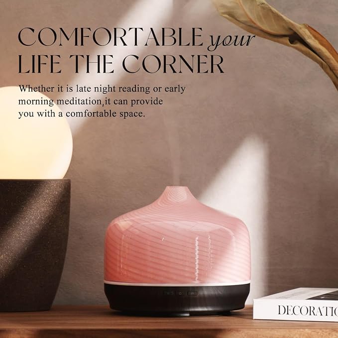 Porseme 500ml Glass Essential Oil Diffuser Aromatherapy Ultrasonic Cool Mist Humidifier 15-21 Running Hours Waterless Auto-Off Air Diffusers for Sleeping Yoga Working Spa(Pure Pink)
