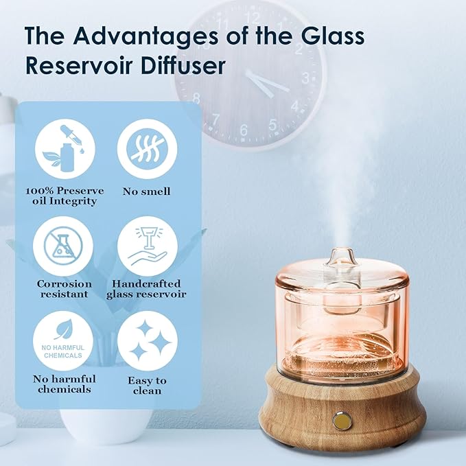Lecdura Glass Essential Oil Diffuser, 80ML Small Glass Reservoir Natural Wood Base Ultrasonic Cool Mist Aroma Diffusers with USB-Cord Auto-Off 7 Color Light for Home Office Bedroom