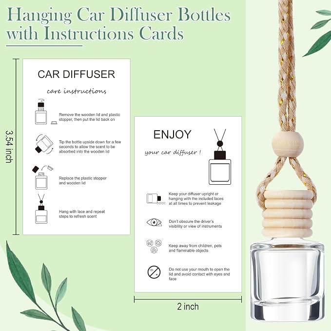 Boao 50 Sets Hanging Car Air Freshener Diffuser Bottles with 2 x 3.54 Inch Car Diffuser Instructions Cards for Empty Essential Oil Bottles(White Card,Cylindrical)