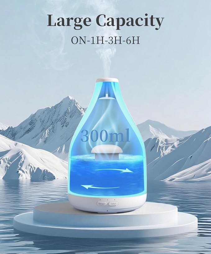 Essential Oil Diffuser for Large Room, Modern Stylish Aroma Diffusers Home Decoration, 12 Hours Cool Mist Ultrasonic Humidifier, Colorful Ambient Light & 1-3-6H Timer Off, White
