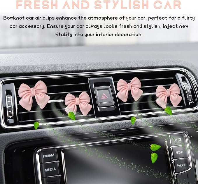 KVAEY 9 PCS Pink Bow Car Air Freshener, Automotive Cute Pink Bow Air Outlet Clips with Scent Pieces, Universal Coquette Car Air Vent Diffuser for Women and Girls