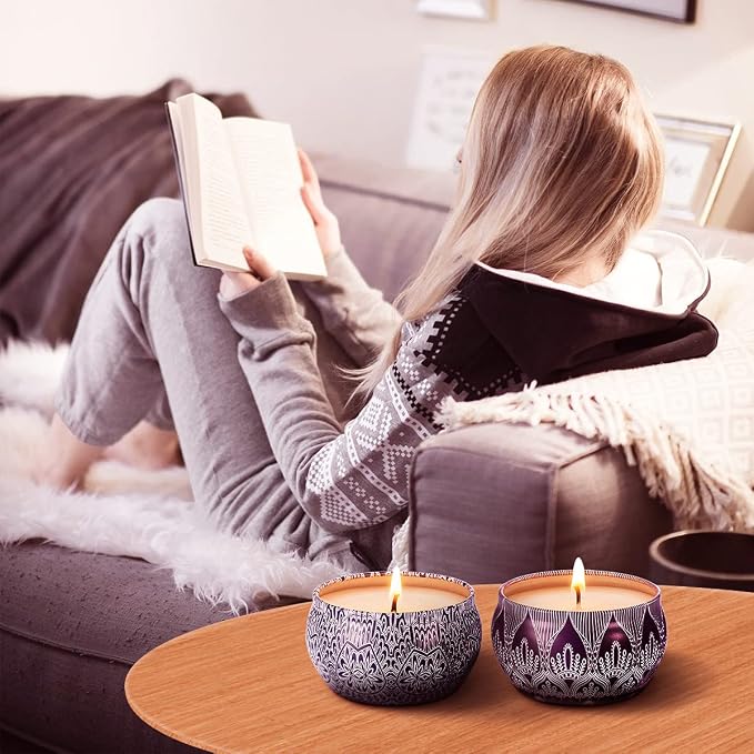 Set of 4 Scented Candles, Blue and White Porcelain Aromatherapy Soy Candle Includes 4 Fragrances - Lily, Green Tea, Lilac Blossoms, Ginger Flower