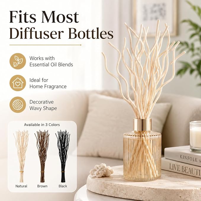 10Pcs Wavy Rattan Reed Diffuser Sticks, Natural Rattan Fragrance Aromatherapy Volatile Replacement Refill Essential Sticks (Black)