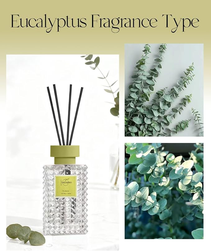 Reed Diffuser Set, Eucalyptus Scented Home Fragrance Air Freshener for Bathroom Shelf Decor, 5.07 fl oz/150ml Essential Oil with Sticks