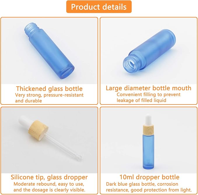 Ellbest 10ml Essential Oil Glass Dropper Bottle 10pcs Colorful Glass Bottles with Eye Dropper for Travel, Leak-Proof Refillable Mini Sample Vials with Funnels & Dropper (Matte Navy Blue)