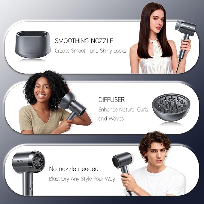 CONFU Diffuser Hair Blow Dryer - Plasma Ionic Professional 1600 Watt Hairdryer Fast Drying for Curly Hair Anti Frizz - Lightweight Portable Ion Blower Dryer for Women & Men