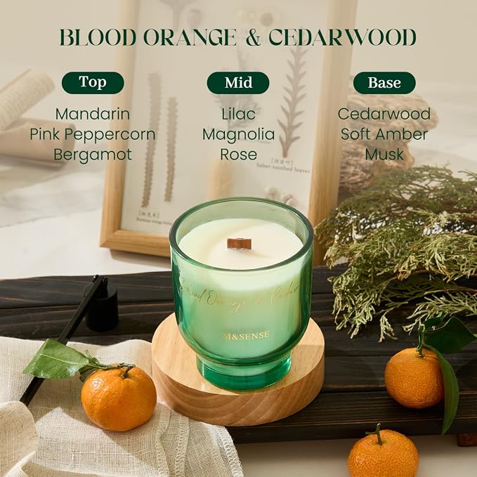 M&SENSE 9.9oz Natural Soy Wax Jar Candle with Wooden Wick | Blood Orange & Cedarwood Scent | 55-Hour Burn & Long-Lasting Burn | Housewarming Gift for Men and Women