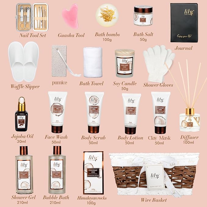 28Pcs Coconut Vanilla Spa Gift Basket - Skin Care Gifts Set for Women & Men