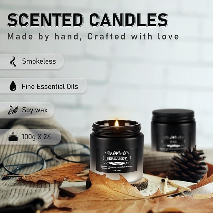 Scented Candle Set 24 Pack, Black&White, Candle for Home Scented, Odor Eliminating, Stress Relief, Long Lasting Soy Wax Gift Set