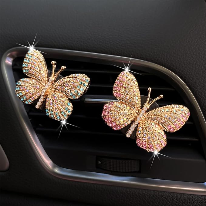 Bling Butterfly Car Air Vent Clip, Cute Rhinestone Air Freshener Clip, Glam SUV Outlet Vent Decorations, Charm Car Inter Decor Accessories for Girls Women (Pink + Blue)