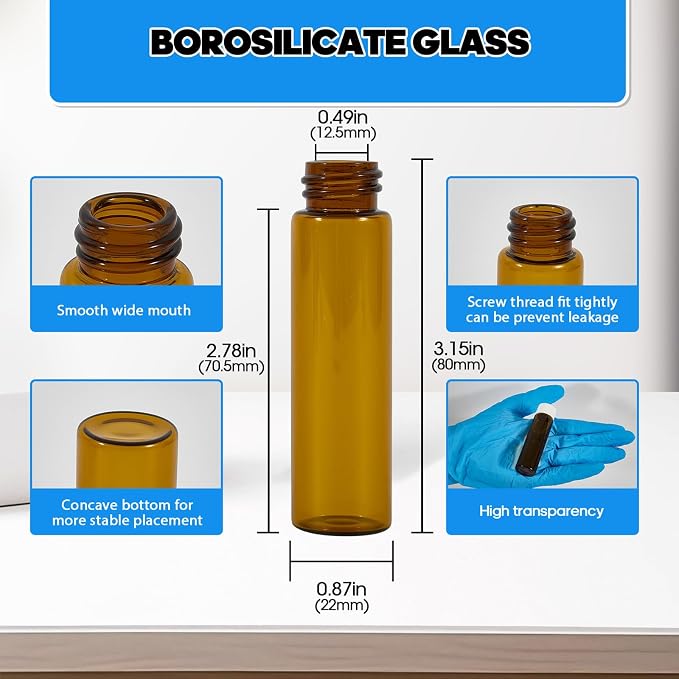 50PCS 20ml Amber Glass Vials with White Screw Caps and Plastic Stoppers, Leak-Proof Small Liquid Sample Bottles for Essential Oils, Perfumes, Reagents