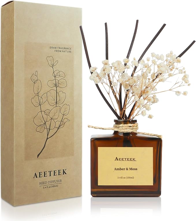 Reed Diffuser, Amber & Moss Essential Oil Diffuser with Dried Flowers, 3.4 oz Scented Oil Air Freshener, Handmade Home Decor, Long-Lasting Room Scent Fragrance for Office, Bathroom